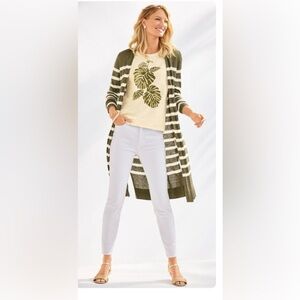 Talbots Olive and Cream Striped Lightweight Linen Duster Cardigan
